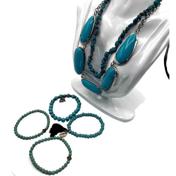 Vintage Turquoise & Silver Statement Necklace Bracelet Set Southwest Boho Coral - Picture 3 of 7